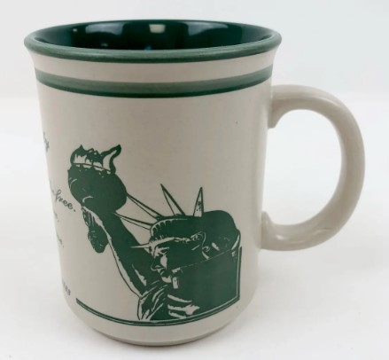 Statue Of Liberty Emma Lazararus Souvenir Coffee Tea Cup Mug Green Ivory - Image 3